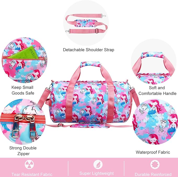 Gym Travel Duffle Bag for Girls - Gymnastics Sports Dance Bag with Shoe Compartment & Wet Pocket Mermaid Kids Travel Bag Teens Weekender Sleepover Carry On Bag