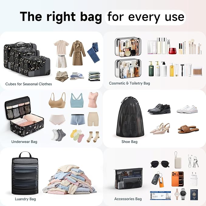 11 Set / 9 Set Packing Cubes for Travel,Gifts for Women Mom Kids,TSA Approved Bags for Makeup, Cosmetic, Toiletry, Organizers for Suitcase Carry On,Cruise Essentials Airplane Accessories,Black Floral