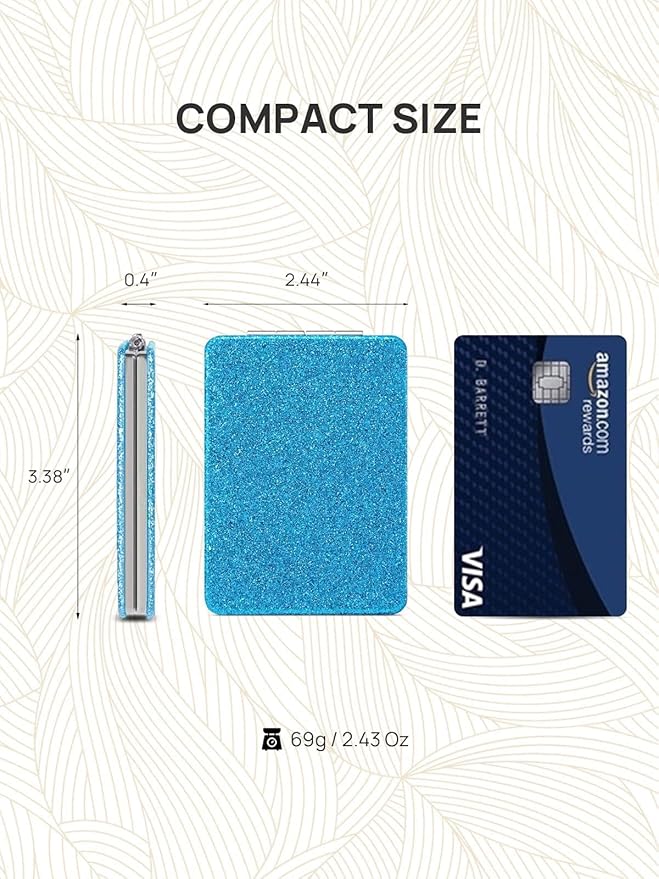 OMIRO Compact Mirror, Glitter PU Leather 1X/3X Magnification, Ultra Portable for Purses, 2.4" W x 3.4" L (Blue)