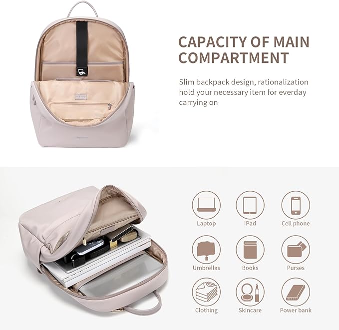 GOLF SUPAGS Laptop Backpack for Women Slim Computer Bag Work Travel College Backpack Purse Fits 15.6 Inch Notebook (Pinkish Gray)