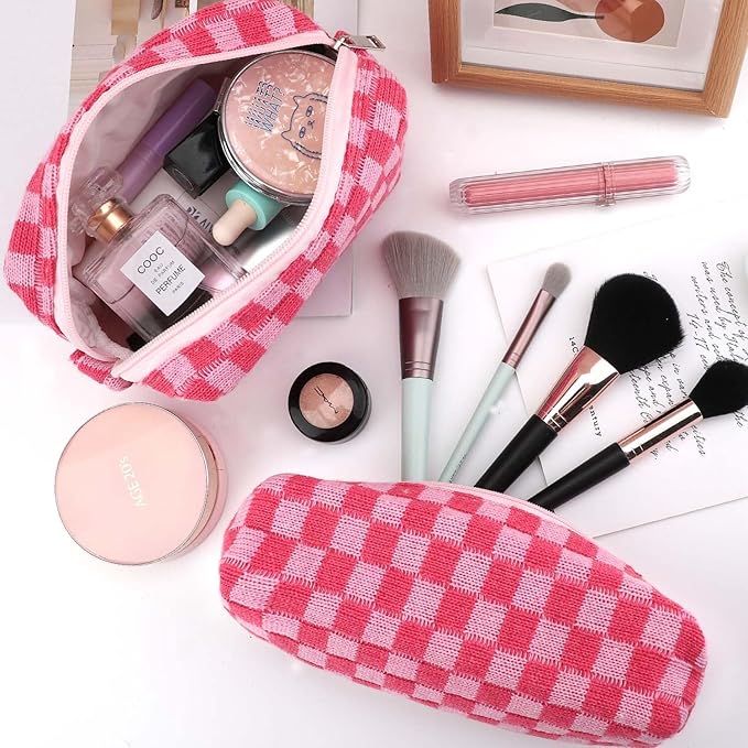 EIMMBD Makeup Bag 3 Pieces Large Capacity Checkered Cosmetic Bags Canvas Travel Toiletry Bag Organizer Cute Makeup Pouch Storage for Women(Rose)