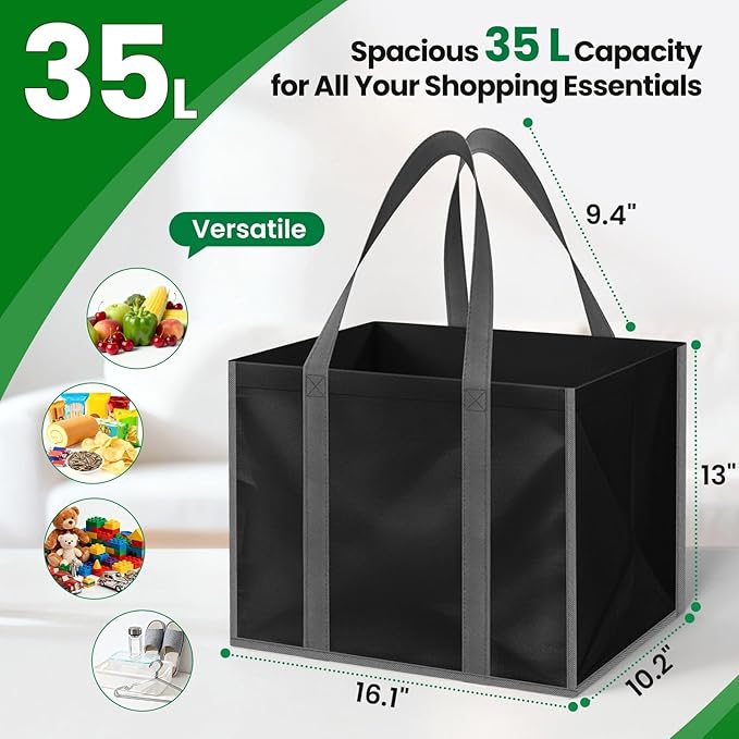 SpaceWhisper Reusable Grocery Bags with Long Handles [10 Pack] - Multipurpose Large Shopping Bags for Groceries, Foldable Grocery Totes Resist Water & Stains for Kitchen, Car Trunk, Picnic (Black)
