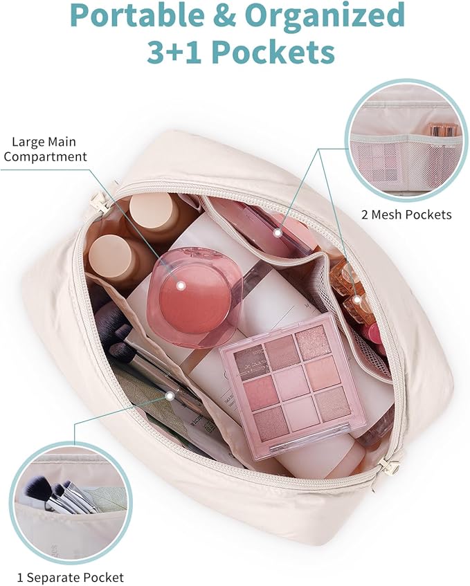 Narwey Puffer Travel Makeup Bag for Women Girl, Quilted Puffy Cosmetic Bag Make Up Bag Organizer, Cute Travel Toiletry Bag for Toiletries (Beige)