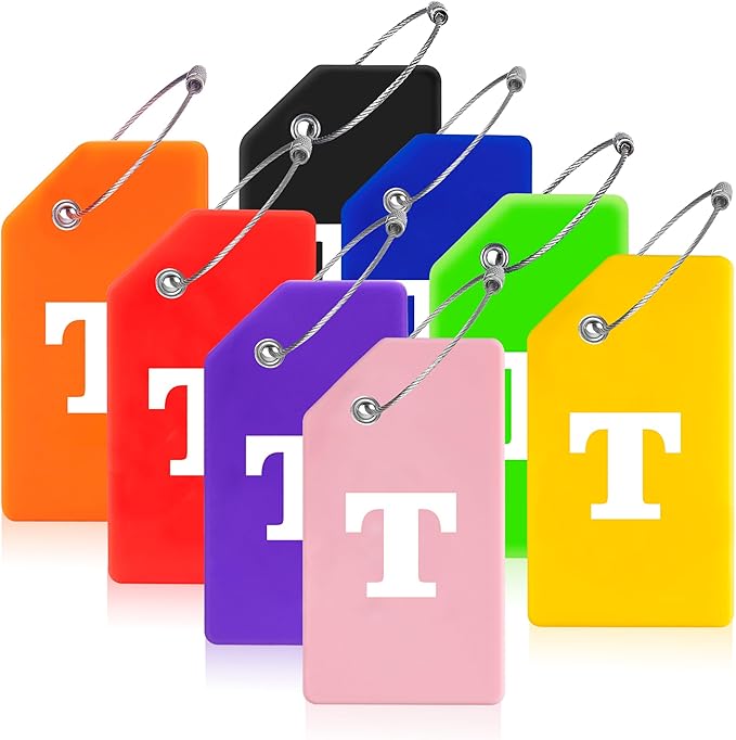 Gostwo 8 Pack Luggage Tags for Suitcases, 26 Initial Letter Travel Luggage Baggage Identification Labels ID Tags Fully Bendable Tags with Stainless Steel Loop (Letter T, Colorful)