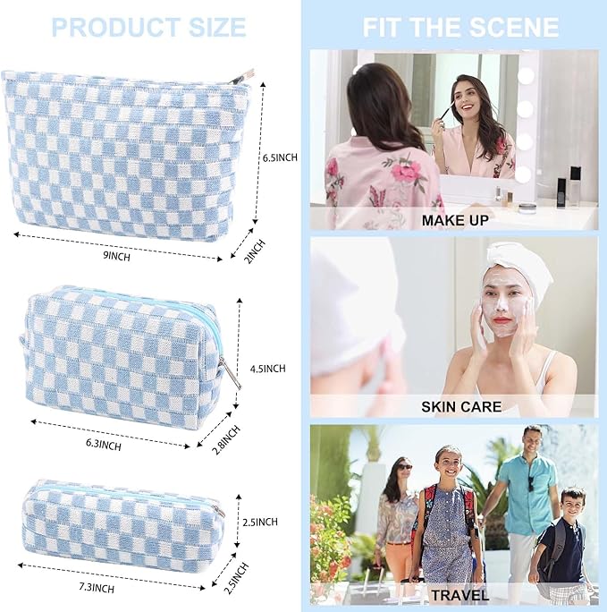 EIMMBD Makeup Bag 3 Pieces Large Capacity Checkered Cosmetic Bags Travel Toiletry Bag Organizer Cute Makeup Pouch Storage for Women(Blue)
