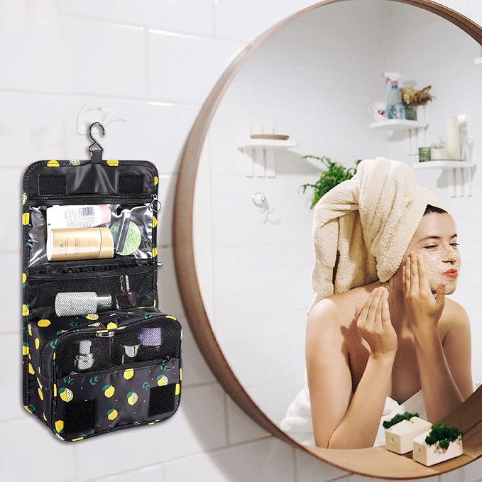 Pengxiaomei Hanging Toiletry Bag, Black Waterproof Cosmetic Bag Portable Lemon Makeup Pouch Travel Wash Bag with Handle for Kids Teen Girls Birthday Mothers Day Gifts