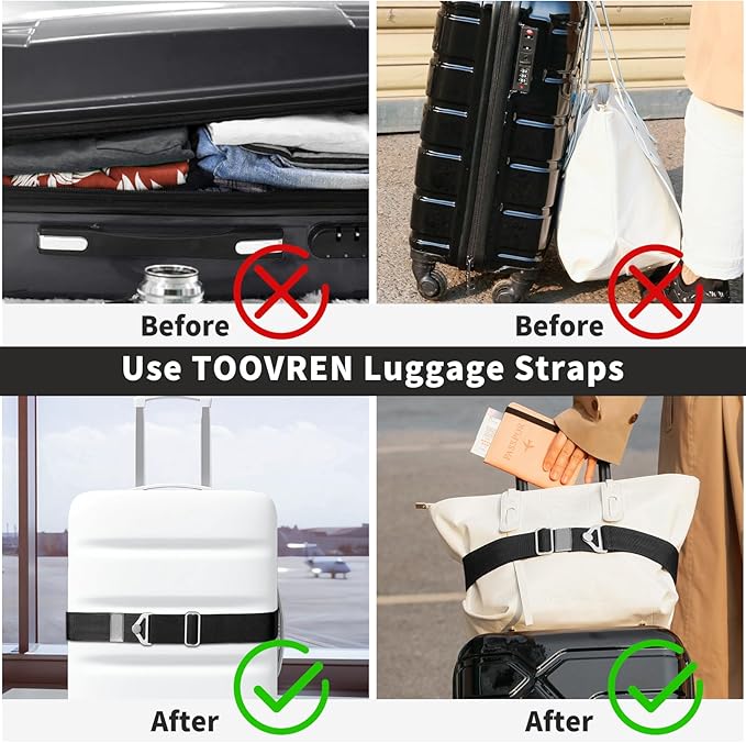 TOOVREN 2-in-1 Travel Belt for Luggage Straps Add a Bag Bungees Luggage Strap Over Handle Suitcases Belt for Carry On Bag Elastic Belt Adjustable Suitcase Strap Airport Travel Accessories Black