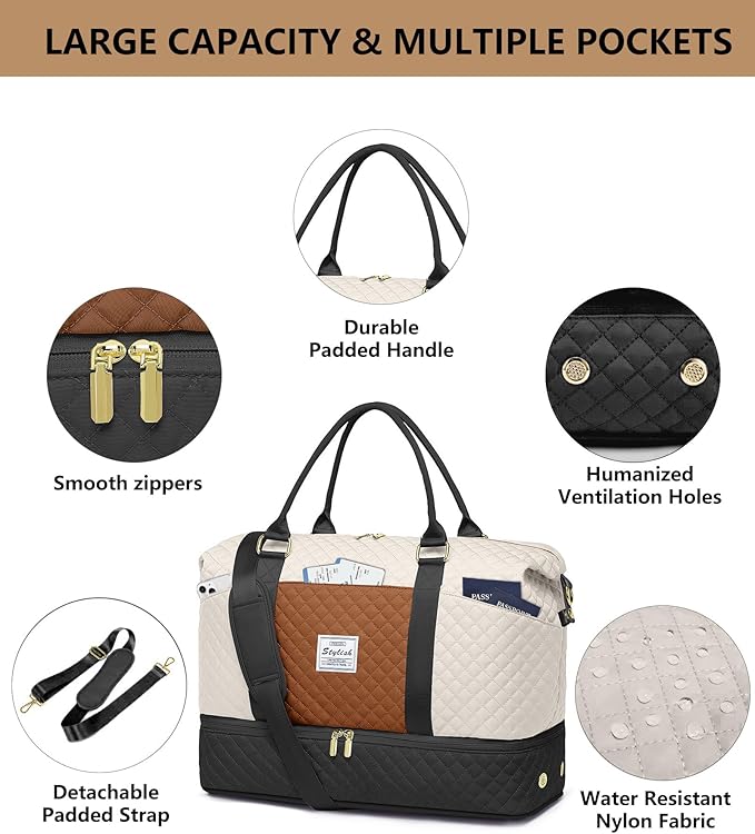 Travel Overnight Bag Weekender Bags - Duffle Bag Women with Shoe Compartment Carry on Tote Bag with Toiletry Bag Gym Duffel Bag with Wet Pocket Hospital Bags for Labor and Delivery Black White Brown