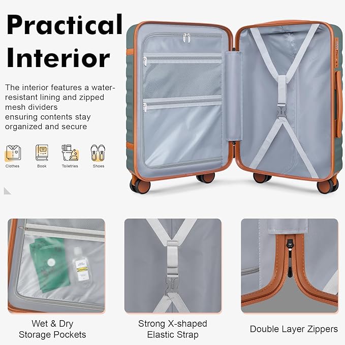 Luggage Sets 3 Piece with Spinner Wheels, Lightweight PC Hardside Suitcase with TSA Lock & YKK Zippers, 20 Inch Carry On Luggage with Travel Bag for Men and Women, Army Green