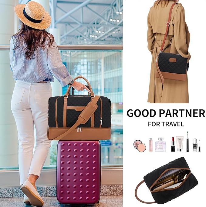 Weekender Bag, Large Travel Duffel Bag for Women, Carry on Overnight Bag with Shoe Compartment and Toiletry Bags