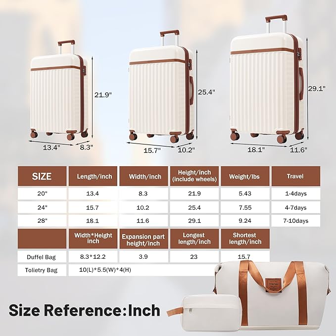 Merax Luggage Sets 5 Piece,Hardshell Expandable Suitcase with Spinner Wheels and Travel Bags,Lightweight Carry on Luggage,20/24/28IN,White and Brown