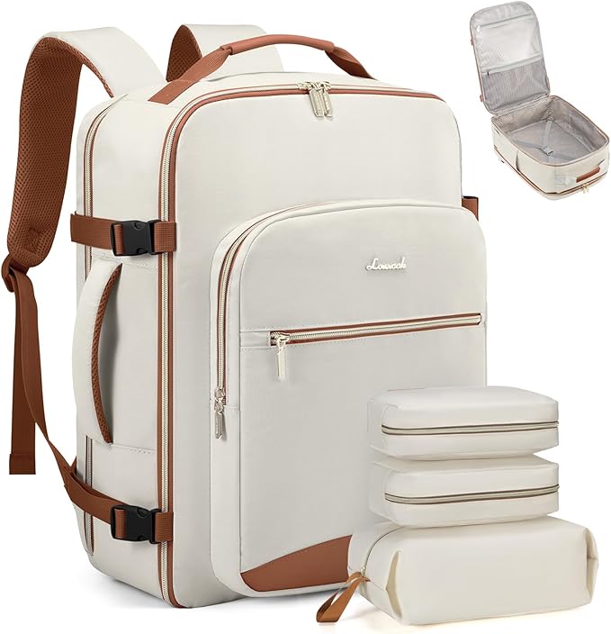 LOVEVOOK Travel Backpack for Women & Men 50L,Airline Approved Carry On Backpack Travel Essentials,TSA Carry on Luggage,Waterproof Personal Item Travel Bag,Suitcase with 3 Packing Cubes, Beige-Brown