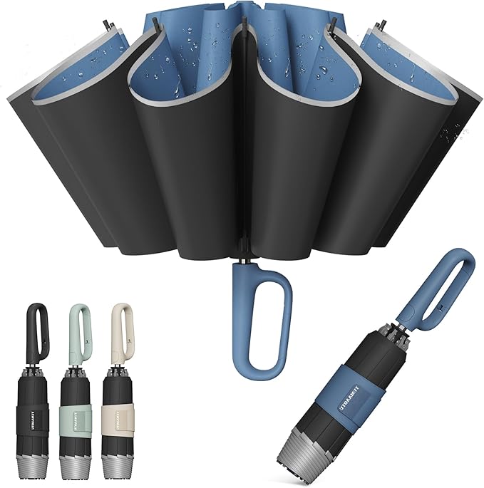 QWB TUMAAOTU Inverted Umbrella with Carabiner Handle, Compact Wind Proof Umbrellas For Rain and Sun Protection, Portable Reverse Folding Umbrella, Car Umbrella for Women Men, 10 Ribs