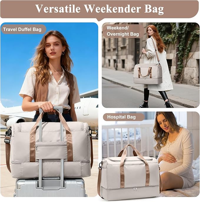 Travel Duffle Bag with Shoe Compartment, XL Weekender Bags for Women, Carry On Overnight Bags for Gym Sports & Business Trips, Water-Resistant Hospital Bag for Labor and Delivery