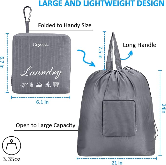 GOGOODA Smell Proof Travel Laundry Bags for Dirty Clothes, 2 Pack Large Foldable Laundry Bag with Carabiner & Handle, Heavy Duty Luggage Organizer for Gym, Sports, Camping - 21 x 24 in, Grey