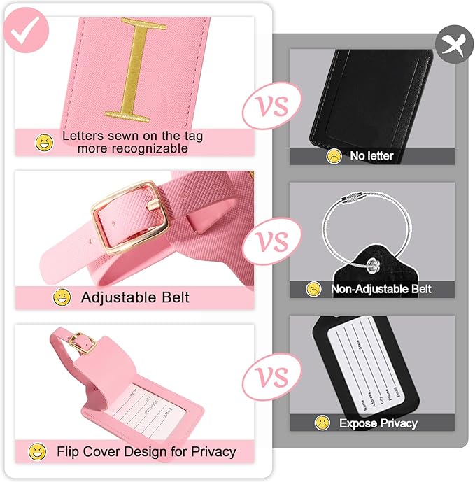 Initial Letter Luggage Tags for Suitcases, Embroidered Monogrammed Suitcase Luggage Identifier Name Tag, PU Leather TSA Approved Luggage Tags, Bag Tags for Men Women Kids Luggage Handbags(Pink I)