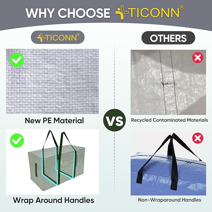TICONN 4 Pack Extra Large Moving Bags Heavy Duty with Zippers & Carrying Handles, Durable Storage Bags Moving Boxes for Closet Organizers and Storage (4 Pack, Olive)