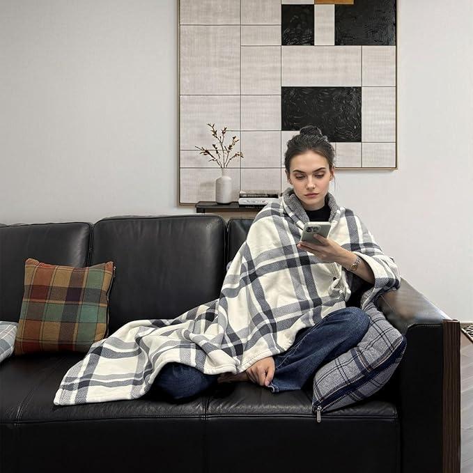 forestfish Wearable Blanket Compact Pillow 2-in-1, Lap Blanket Poncho with Button Plaid Throw Cushion for Home Office Sofa
