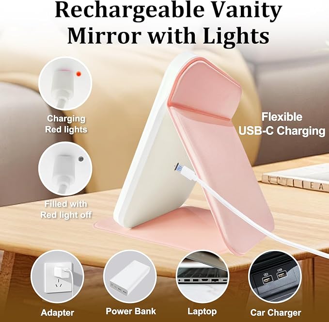 Rechargeable Travel Mirror with Light, LED Makeup Mirror with Lights, Portable Vanity Mirror with 3 Color Lighting, Touch Dimmable Lighted Cosmetic Mirror, Travel Essentials for Women (Pink)