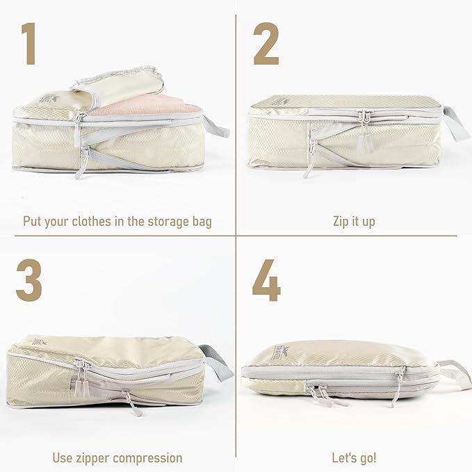 6 Set Compression Packing Cubes, Suitcase Organizer, Lightweight Travel Essentials, Compression Bags For Travel Accessories Luggage Storage Set (6Pcs, Beige)