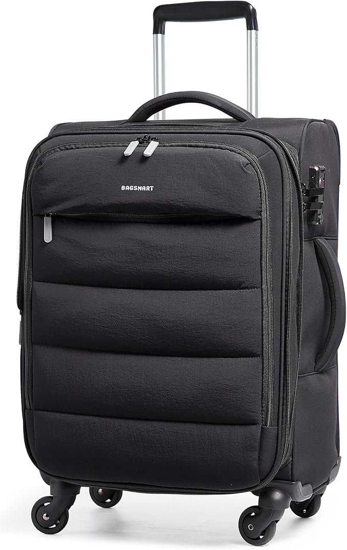 BAGSMART Carry On Luggage 22x14x9 Airline Approved, 20 Inch Soft Suitcase with Wheels, Lightweight Spinner Carry on Suitcase with PVC Wet/Dry Pockets for Short Trip, Black