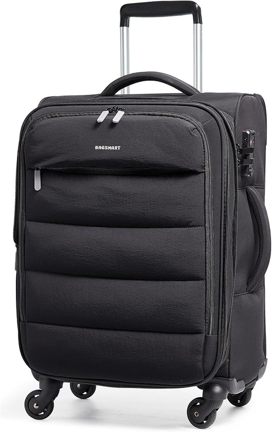 BAGSMART Carry On Luggage 22x14x9 Airline Approved, 20 Inch Soft Suitcase with Wheels, Lightweight Spinner Carry on Suitcase with PVC Wet/Dry Pockets for Short Trip, Black