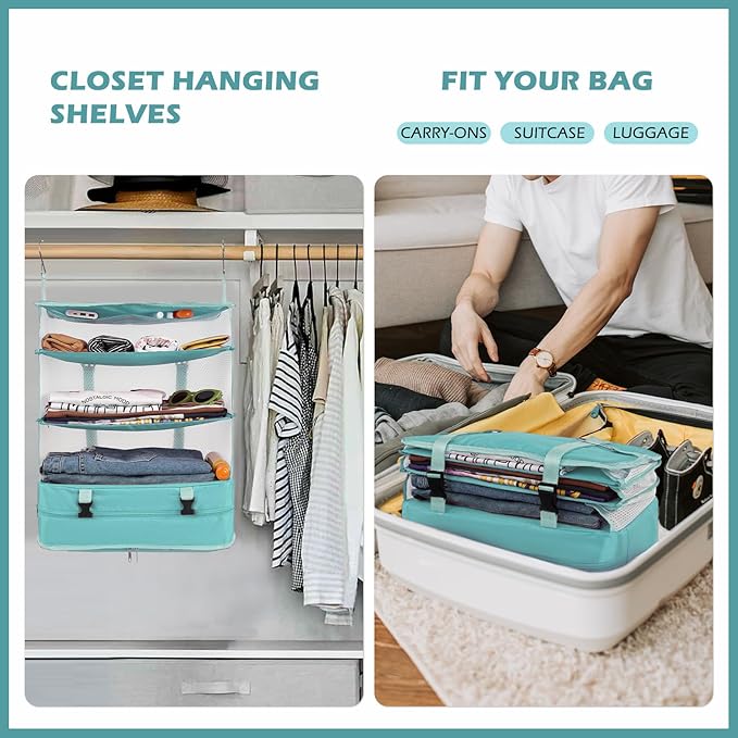 Surblue Hanging Closet Storage Bag Collapsible 3-Shelf Washable Oxford Fabric with 2 Hooks (XL 17.71 * 11.81 * 20in,Aqua Blue)