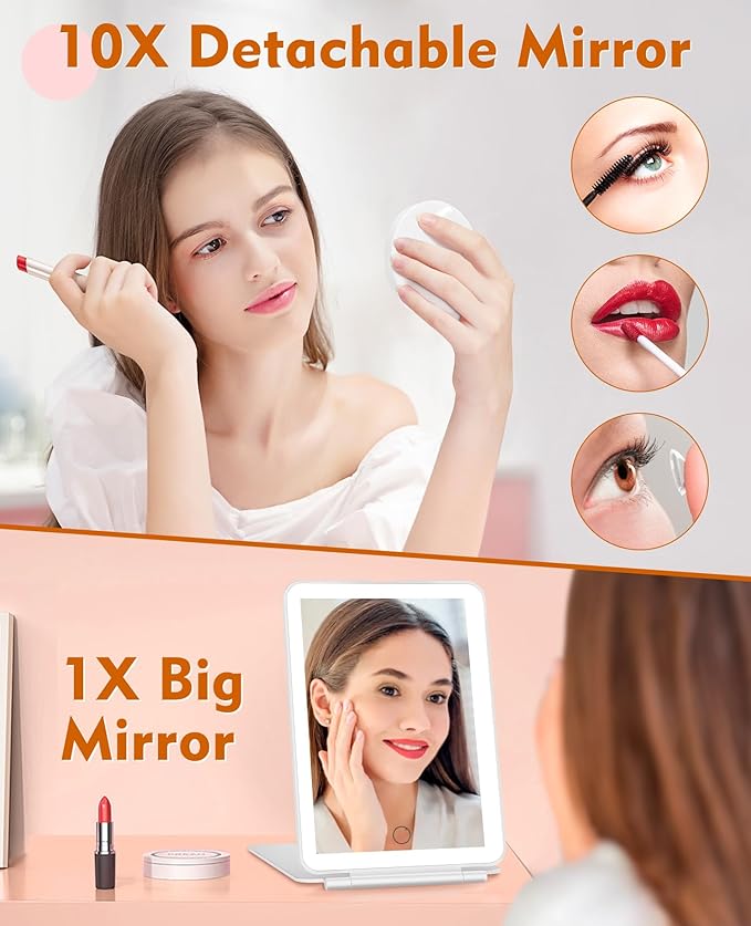 FUNTOUCH Rechargeable Travel Makeup Mirror with Lights and 10X Magnifying Mirrors, Portable Lighted Vanity Mirror with 80 Led,2000mAh Battery,3 Color Lighting,Touch Dimming,Tabletop Light up Mirror