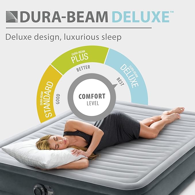 Intex Mid-Rise Air Mattress Bed with Built-in Pump, Dura-Beam Deluxe Comfort Plush, Queen - Portable Luxury Travel Airbed for Adults, Camping, Guests
