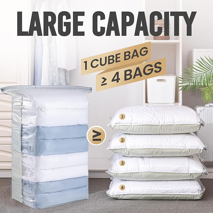 TAILI 8 Pack Vacuum Storage Bags, Jumbo Cube (31x40x15 Inch), Extra Large Vacuum Seal Bags for Clothes, Comforters and Blankets, Bedding, Closet Organization, Cream