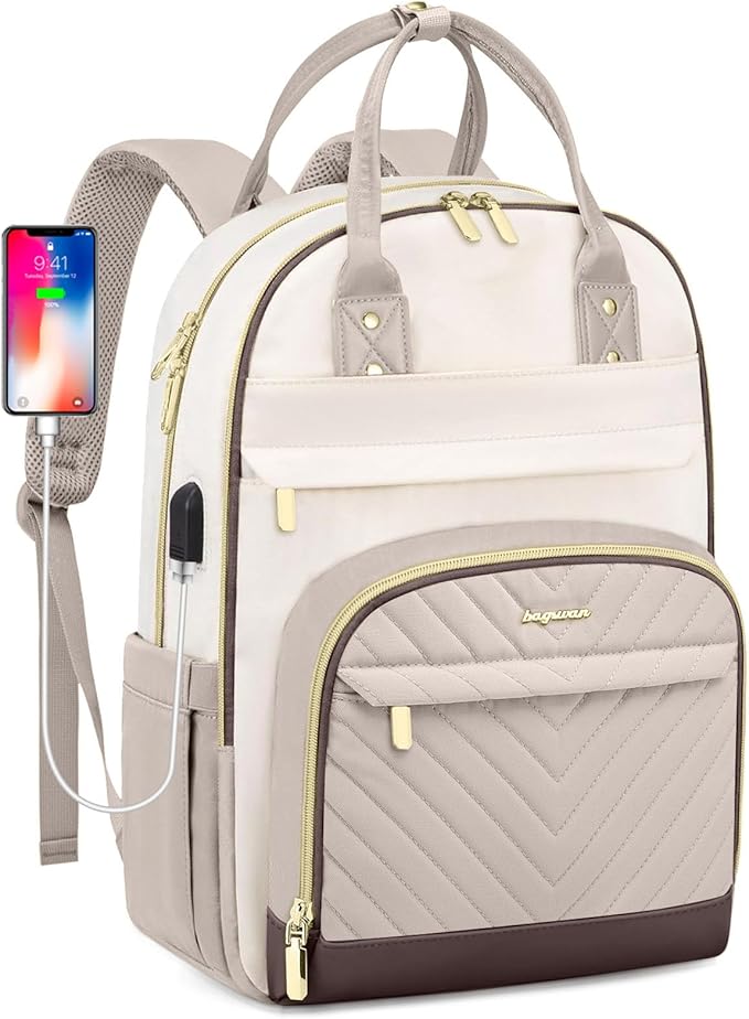 Laptop Backpack for Women Work Bag - 15.6 inch Travel Backpack Purse with USB Charger College Bookbag Waterproof Cute Casual Daypack Fashion Business Computer Backpacks for Teacher Nurse Beige Nude