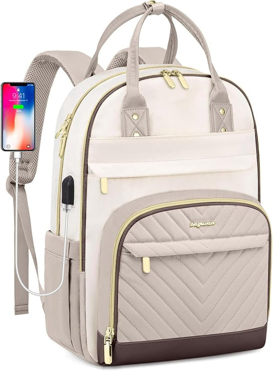 Laptop Backpack for Women Work Bag - 15.6 inch Travel Backpack Purse with USB Charger College Bookbag Waterproof Cute Casual Daypack Fashion Business Computer Backpacks for Teacher Nurse Beige Nude