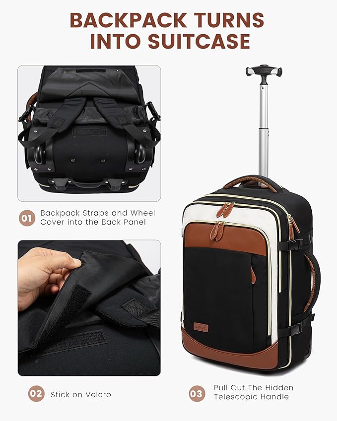 LOVEVOOK Rolling Backpack for Women, 50L Travel Backpack with Wheels, Carry on Luggage for Men, 17.3 Inch Wheeled Laptop Bag, Flight Approved Personal Item Suitcase