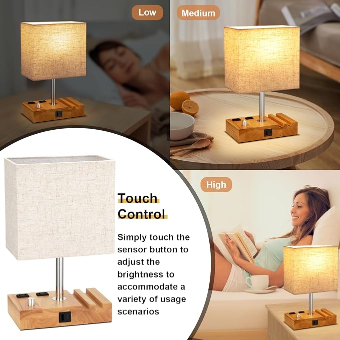 Wood Grain Table Lamp for Bedroom, Stepless Dimmable, USB C+A, 2 AC Outlets | Dimming By Rotary Knob, USB C+A Ports, 2 Phone Stands, LED Bulbs Included, Rectangle Beige Lampshade, for Living Room, Desk