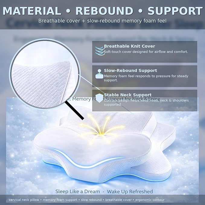 Cervical Neck Pillow - Memory Foam Pillow for Pain Relief Sleeping, Ergonomic Neck Support Contour Pillows for Side Back Stomach Sleepers,Orthopedic Breathable Pillowcase (Ivory)