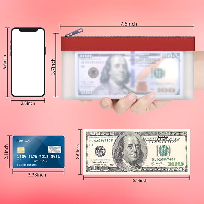4 Pieces Money Bags With Zipper, Cash Envelopes, 7.6 x 3.7 Inch Money Pouch, Clear Bank Deposit Bag, Coin Bag for Collectors, Multi-Purpose Check Wallet (Red)