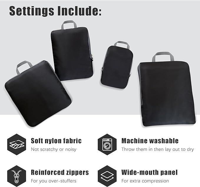 4 Set Compression Packing Cubes Travel - Travel Accessories Expandable Packing Organizers for Carry On - Essentials Luggage Bags - Black