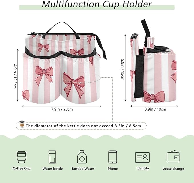 Pink White Stripes Bows Luggage Cup Holder Travel Portable Free Hand Drink Carrier Suitcase Drinks Beverage Holder Carry-On Bottle Mug Holder Organizer Bag Travelers Accessories
