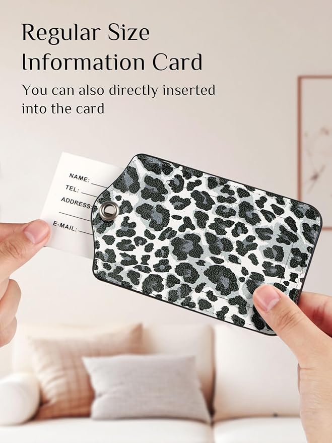 Seorsok 2 PCS Luggage Travel Tags for Suitcases,Cute Black Leopard PU Leather Name Tag with Privacy Cover&ID Label Address Card and Durable Metal Ring Suitable for Men Women Handbags Backpack,White