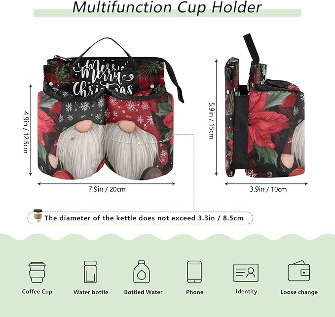 Red Black Checkered Christmas Gnomes Holly Luggage Cup Holder Travel Portable Free Hand Drink Carrier Suitcase Drinks Beverage Holder Carry-On Bottle Mug Holder Organizer Bag Travelers Accesso