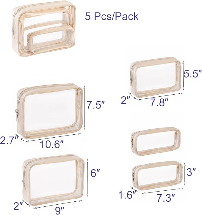 TSA Approved 5-Piece Diaper Bag Organizer Pouch Set Clear Waterproof TPU Kids Toiletry Storage Set Travel Packing Clutch Cube Bags for Baby Nursing(Cream leather)