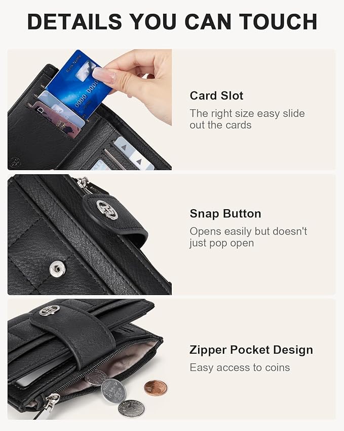 BOSTANTEN Small Wallet for Women Leather RFID Blocking Card Holder Bifold Compact Wallets With Zipper Coin Pocket Black