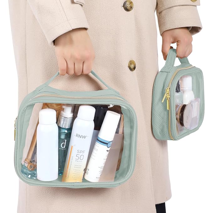 PACKISM TSA Approved Toiletry Bag Combo Pack, 1 Clear Makeup Bag Medium & Large for Checked Luggage, Clear Travel Bag with Handle, Water-resistant Travel Essentials Organizer, Laurel Green