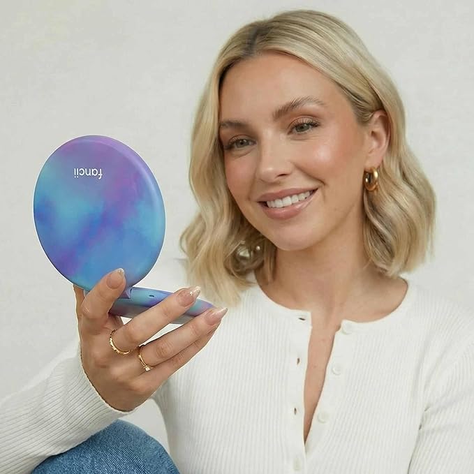 Fancii Taylor Travel Makeup Mirror with LED Light, Rechargeable, 10x /1x Magnifying & 3 Light Settings - Compact, Large 5” Wide Mirror for Handbag and Purses (Lavender Lagoon)