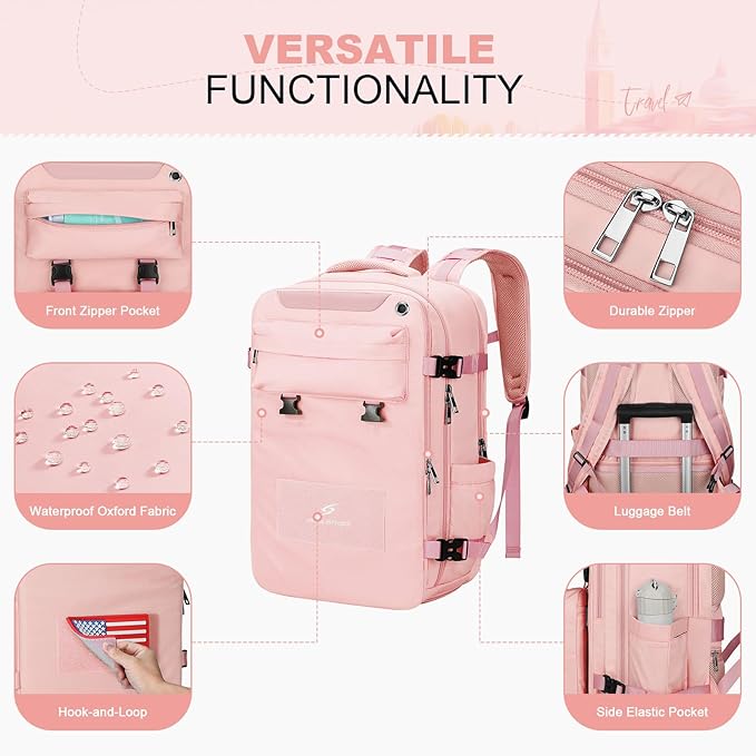 Maelstrom Travel Backpack for Women Men,35L Laptop Backpack Fits 17-Inch Laptop,Carry On Backpack for Airplanes with Crossbody Bag & Shoe Compartment&Toiletry Bag (Pink, Large)