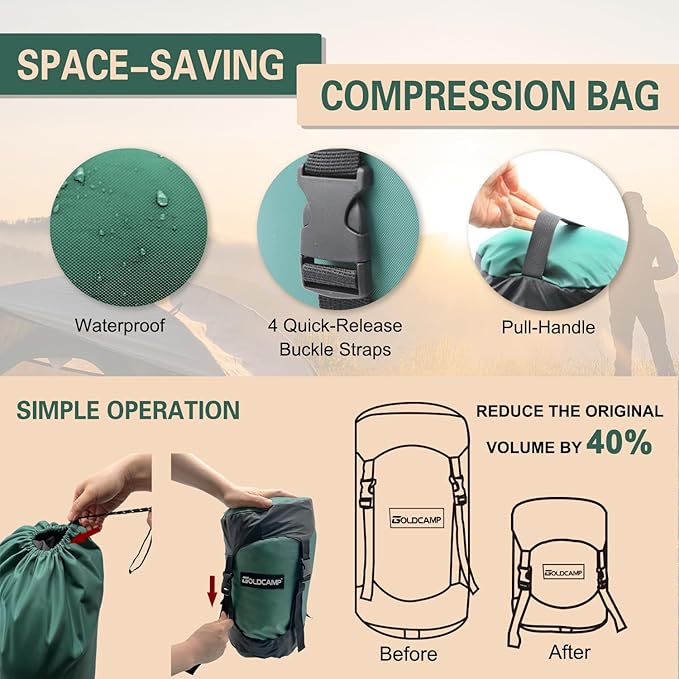GoldCamp Compression Sack, 40% More Storage! 18L/30L/43L/49L/65L Compression Stuff Sack, Waterproof & Ultralight Sleeping Bag Stuff Sack - Space Saving Gear for Camping, Hiking (Green, XXXL) ASIN