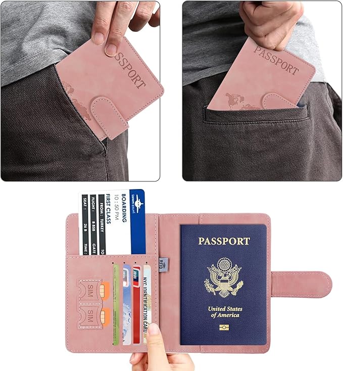 ACdream Passport Holder for Travel Essentials, Rfid Blocking Passport Wallet Cover Case for Travel Must Haves Accessories, Book Holders for Women/Men, Pink
