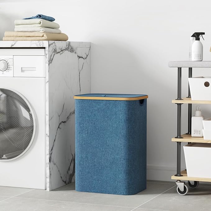Lifewit 80L Laundry Basket with Lid, Clothes Hampers for Laundry with Bamboo Handles and 1 Removable Bag, Large Foldable Laundry Hamper for Bedroom, Bathroom, Dorm, Laundry Room, Dark Blue