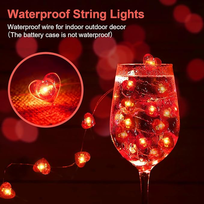 Valentine's Day Red Heart Fairy Lights 7Ft 20 LED Twinkle 3 Modes String Lights Battery Operated Waterproof Firefly Starry for Mason Jar Party Wedding Valentines Mother's Day,2 Pack