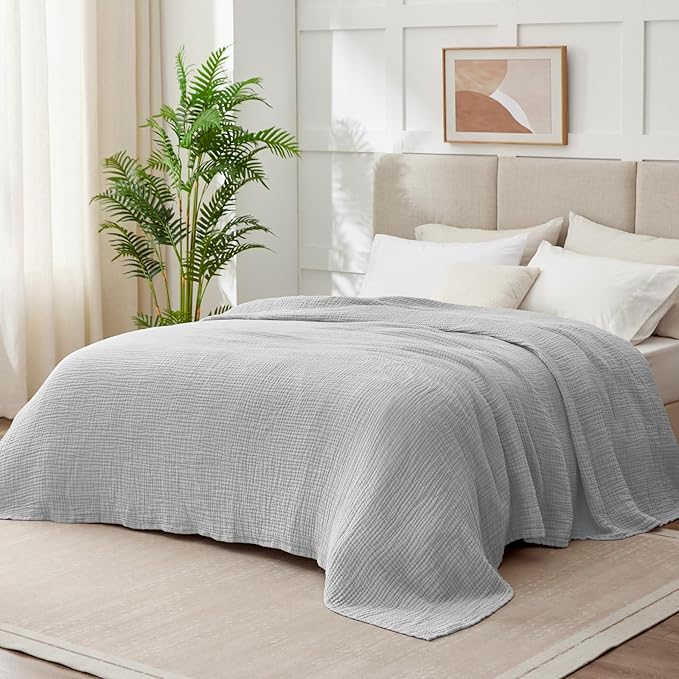 100% Cotton Muslin Blanket King 108" x 90", Breathable and Lightweight Cotton Throw Blankets for Bed, Soft Cooling Summer Gauze Blanket for Adults All Season, Light Grey